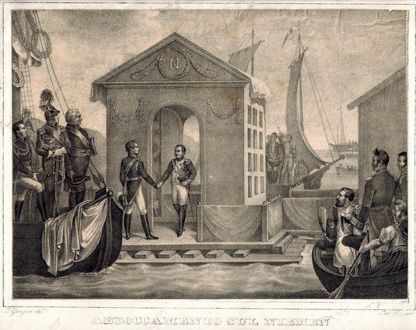 Встреча императоров Александра I и Наполеона I на плотах, 1807 г. (Л. Грегори)